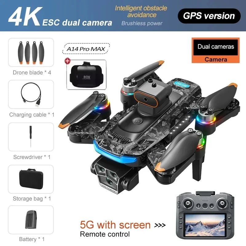 A14Pro Max Drone 8K HD Three Camera GPS Brushless Optical Flow Obstacle Avoidance 4.5-inch large screen UAV RC 18000M