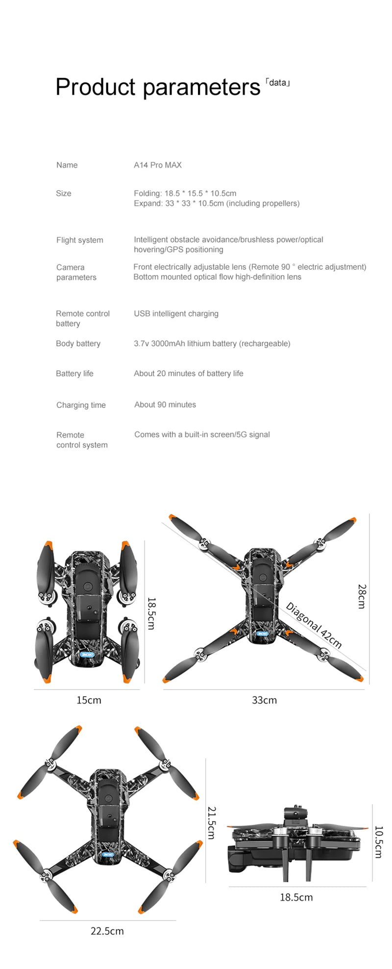 A14Pro Max Drone 8K HD Three Camera GPS Brushless Optical Flow Obstacle Avoidance 4.5-inch large screen UAV RC 18000M