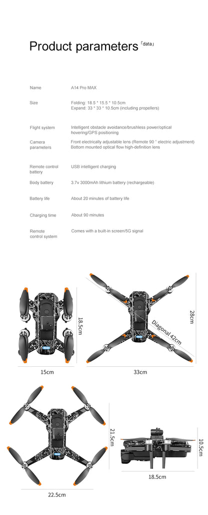 A14Pro Max Drone 8K HD Three Camera GPS Brushless Optical Flow Obstacle Avoidance 4.5-inch large screen UAV RC 18000M