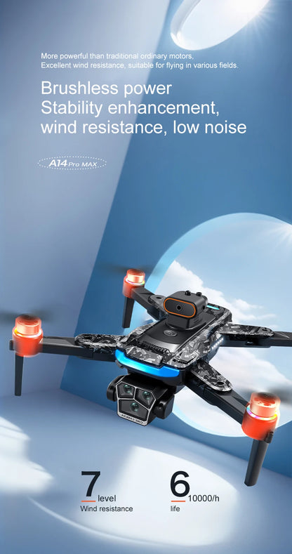 A14Pro Max Drone 8K HD Three Camera GPS Brushless Optical Flow Obstacle Avoidance 4.5-inch large screen UAV RC 18000M