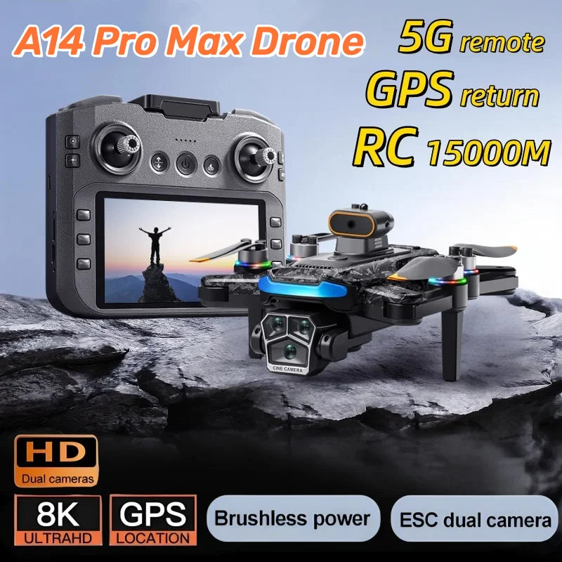 A14Pro Max Drone 8K HD Three Camera GPS Brushless Optical Flow Obstacle Avoidance 4.5-inch large screen UAV RC 18000M