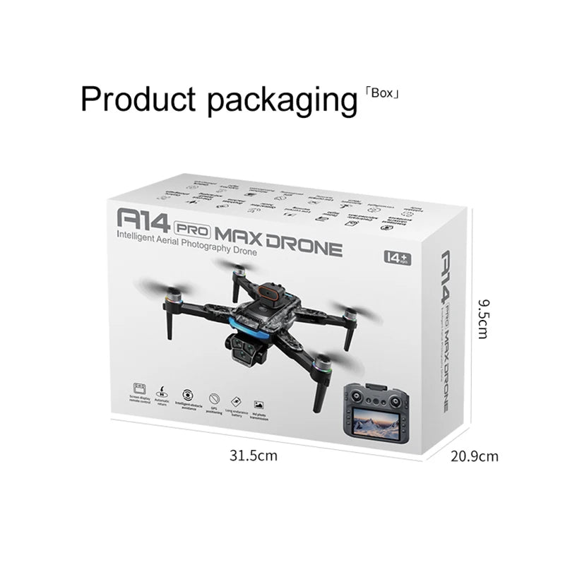 A14Pro Max Drone 8K HD Three Camera GPS Brushless Optical Flow Obstacle Avoidance 4.5-inch large screen UAV RC 18000M