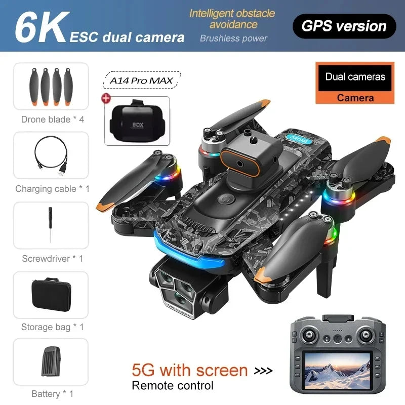A14Pro Max Drone 8K HD Three Camera GPS Brushless Optical Flow Obstacle Avoidance 4.5-inch large screen UAV RC 18000M