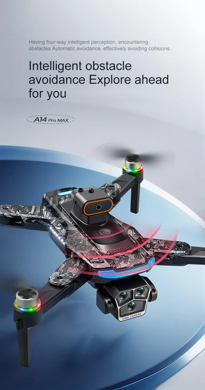 A14Pro Max Drone 8K HD Three Camera GPS Brushless Optical Flow Obstacle Avoidance 4.5-inch large screen UAV RC 18000M