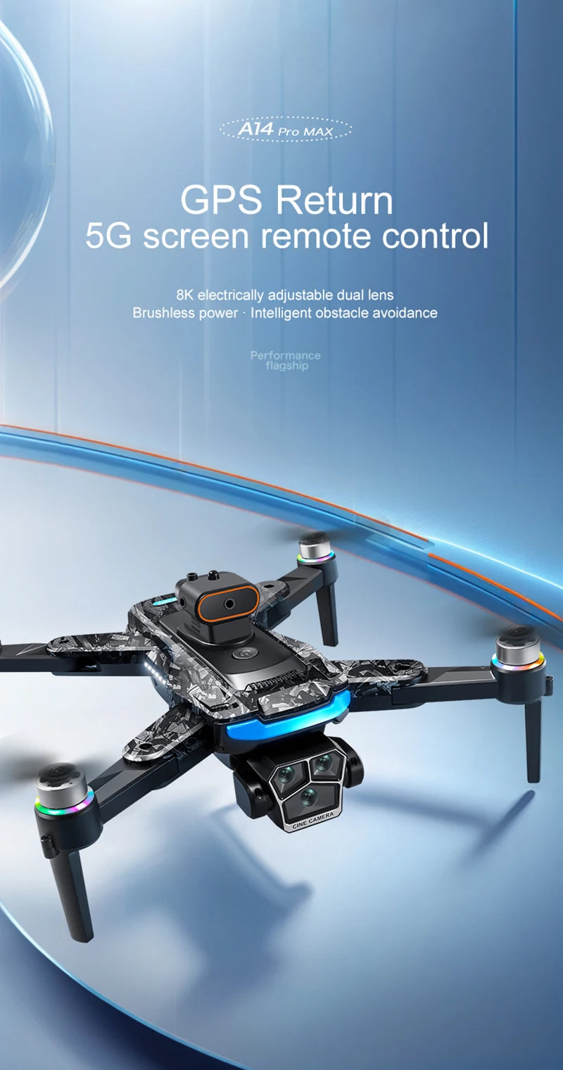 A14Pro Max Drone 8K HD Three Camera GPS Brushless Optical Flow Obstacle Avoidance 4.5-inch large screen UAV RC 18000M