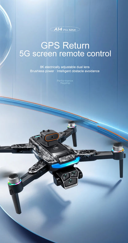 A14Pro Max Drone 8K HD Three Camera GPS Brushless Optical Flow Obstacle Avoidance 4.5-inch large screen UAV RC 18000M