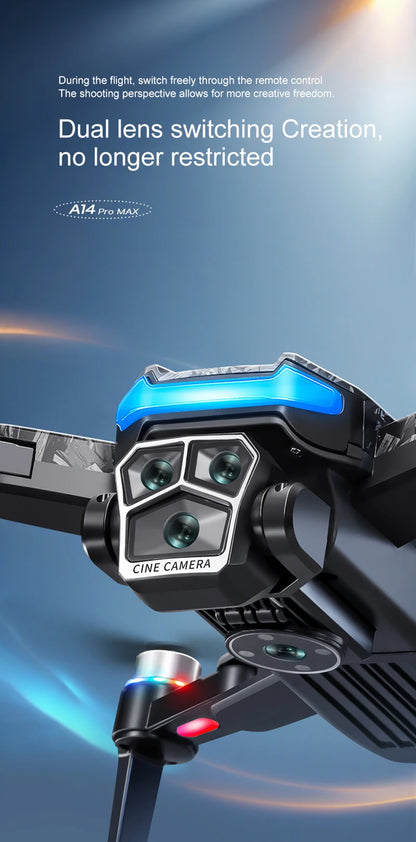 A14Pro Max Drone 8K HD Three Camera GPS Brushless Optical Flow Obstacle Avoidance 4.5-inch large screen UAV RC 18000M