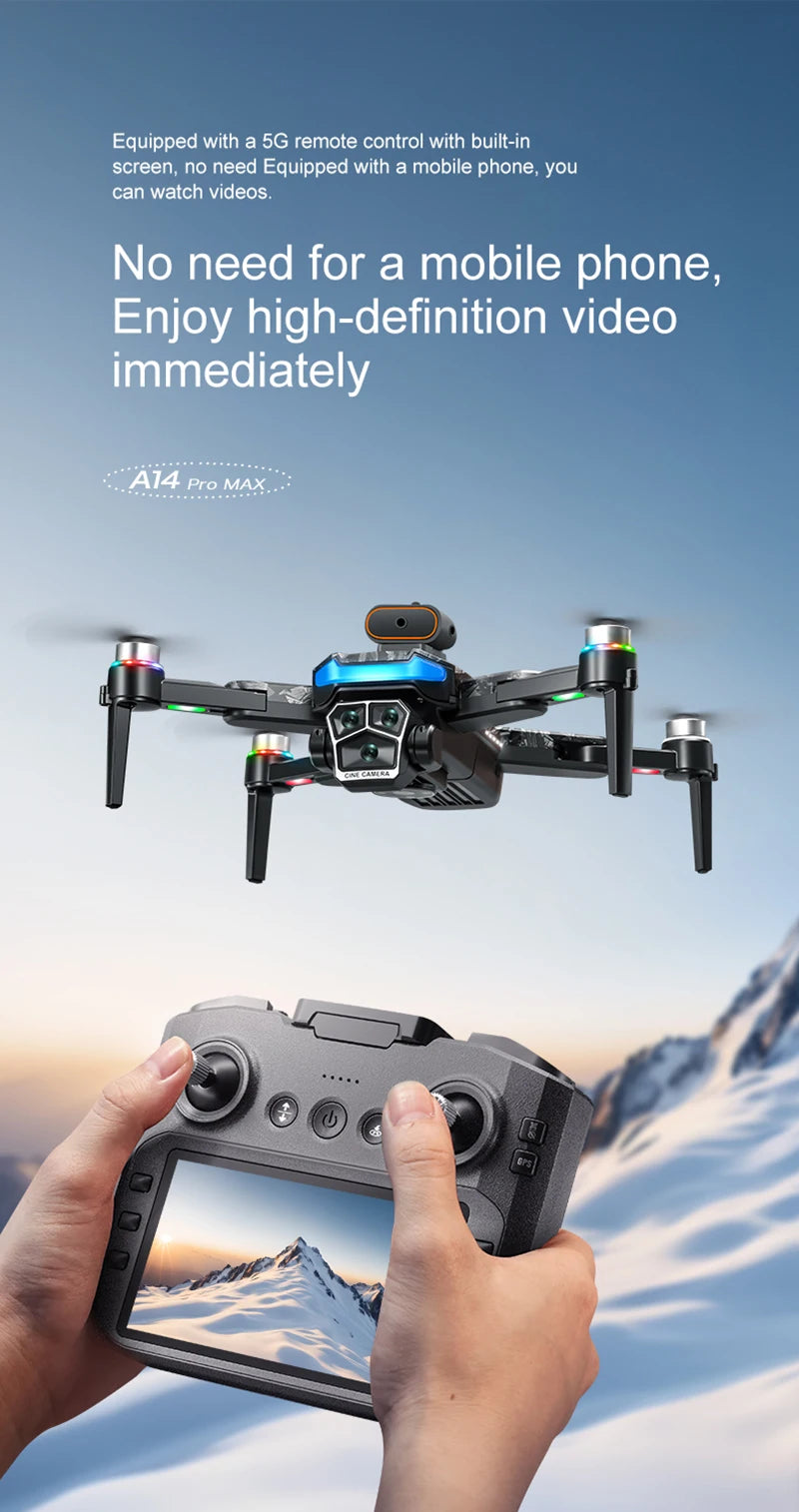 A14Pro Max Drone 8K HD Three Camera GPS Brushless Optical Flow Obstacle Avoidance 4.5-inch large screen UAV RC 18000M