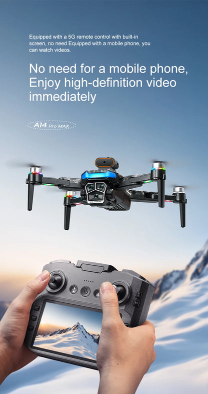A14Pro Max Drone 8K HD Three Camera GPS Brushless Optical Flow Obstacle Avoidance 4.5-inch large screen UAV RC 18000M