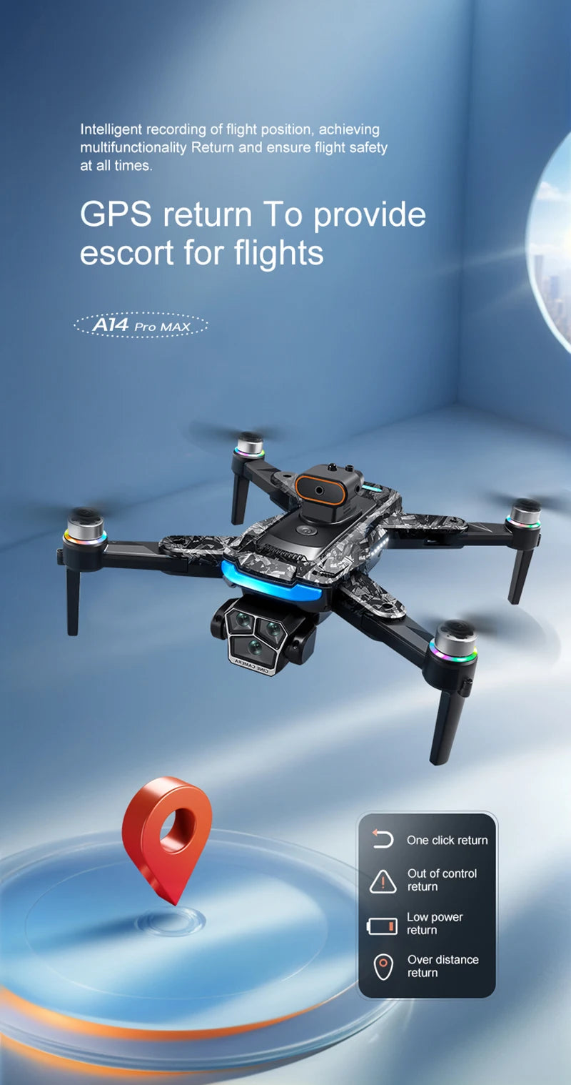A14Pro Max Drone 8K HD Three Camera GPS Brushless Optical Flow Obstacle Avoidance 4.5-inch large screen UAV RC 18000M