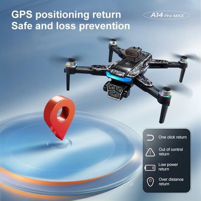 A14Pro Max Drone 8K HD Three Camera GPS Brushless Optical Flow Obstacle Avoidance 4.5-inch large screen UAV RC 18000M