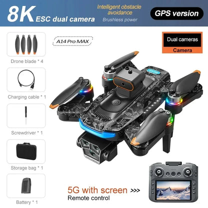 A14Pro Max Drone 8K HD Three Camera GPS Brushless Optical Flow Obstacle Avoidance 4.5-inch large screen UAV RC 18000M